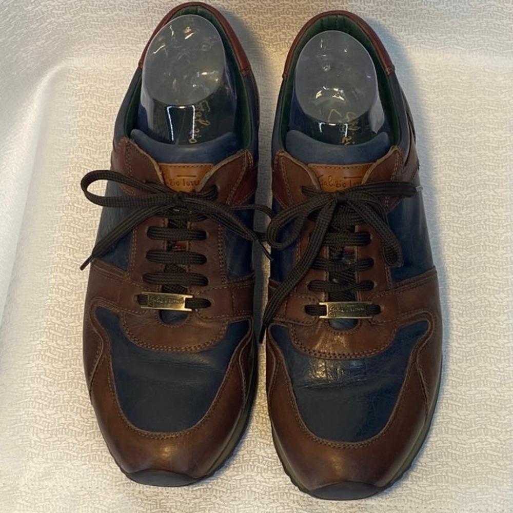 Galizio Torresi Mens Italian Leather Sneakers Brown Navy Blue Size 44 US 11 - Picture 3 of 8